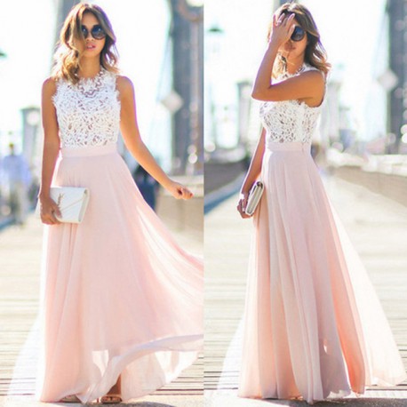 Robe longue dentelle rose